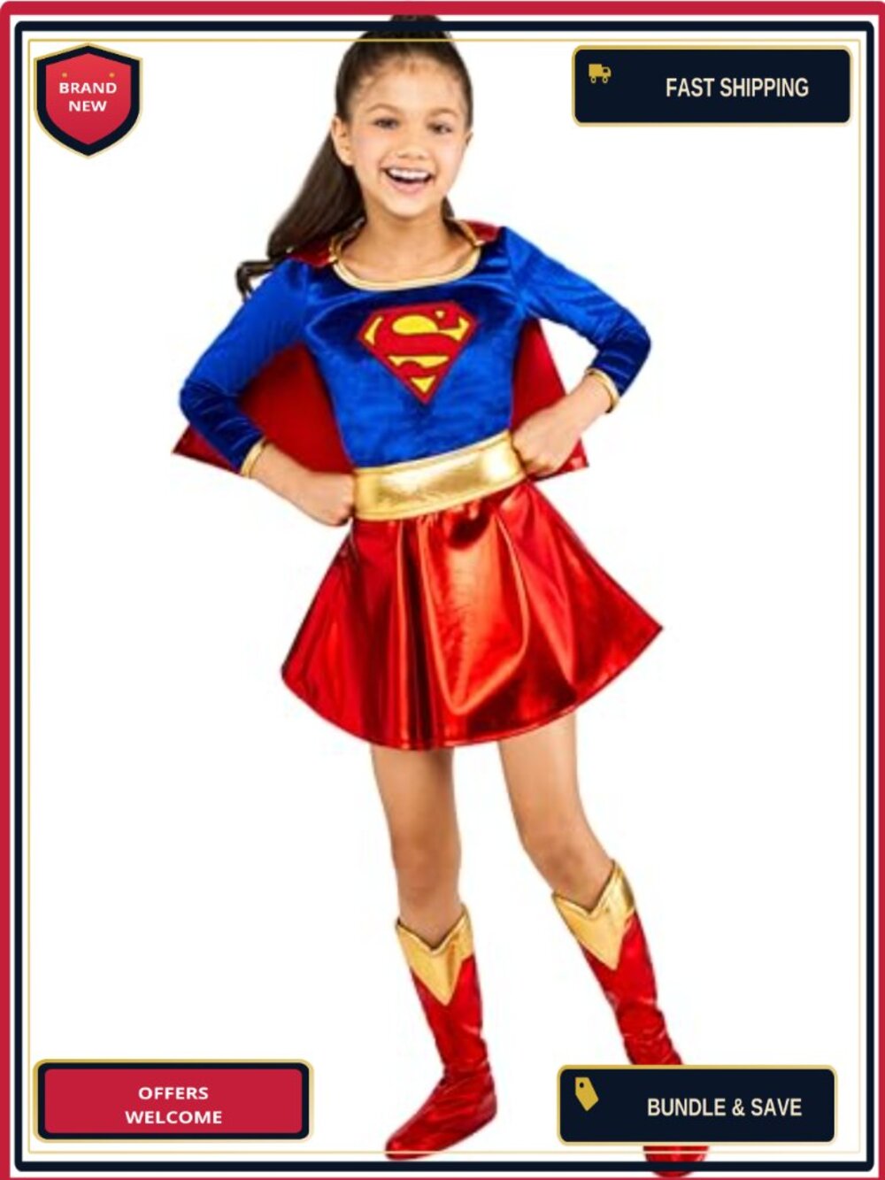 Officially Licensed DC Supergirl Costume Dress with Cape Belt Boot Tops